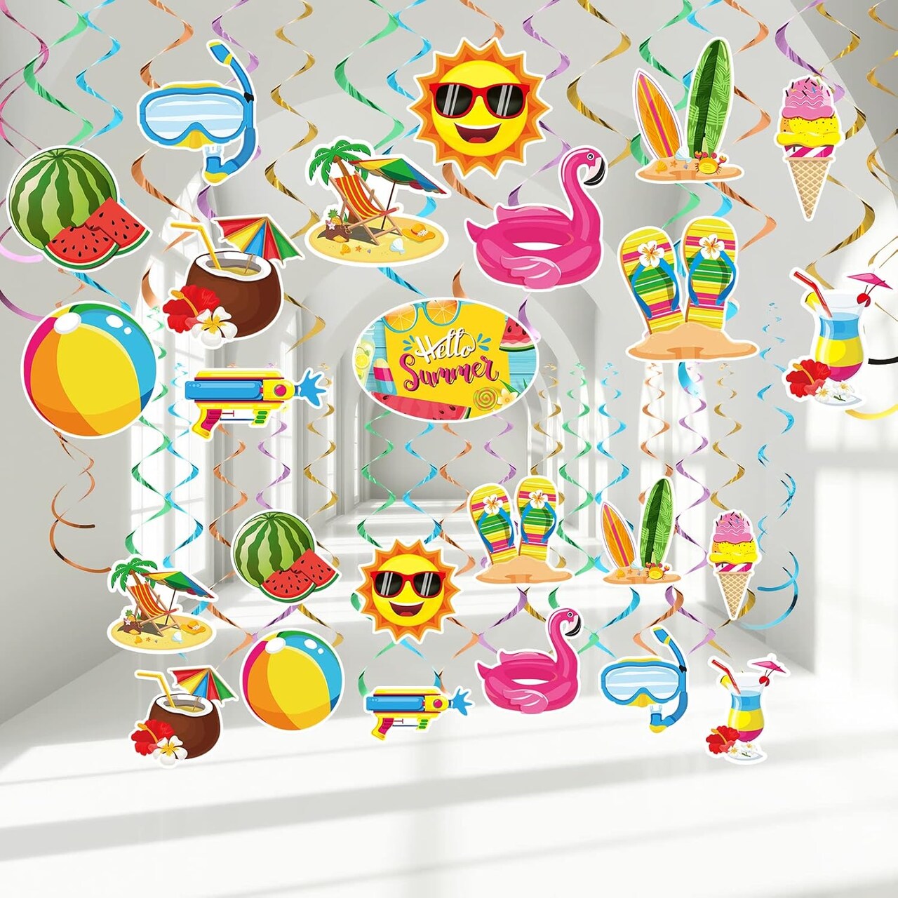 30PCS Summer Pool Party Hanging Swirl Decorations – Tropical Beach Luau Birthday Ceiling Decor, Summer Party Supplies & Favors